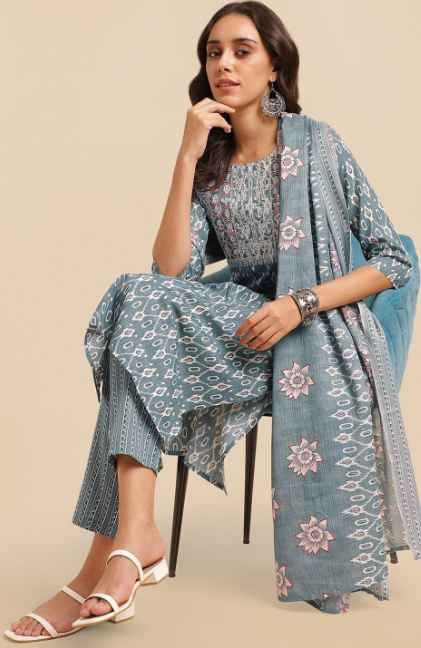KALINI Ethnic Motifs Printed Pure Cotton Kurta With Trousers & Dupatta