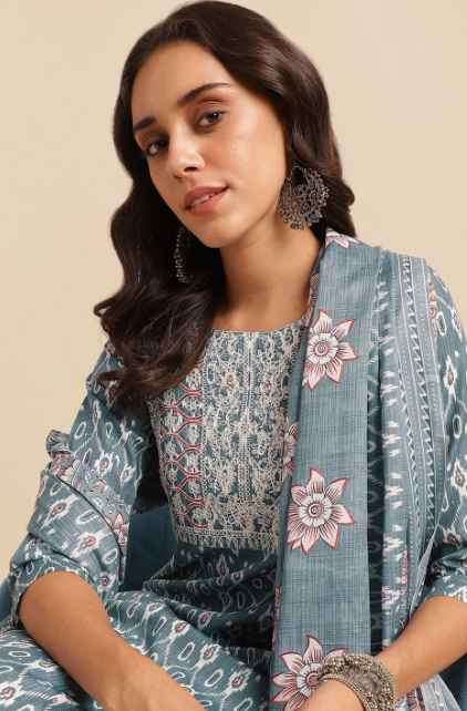 KALINI Ethnic Motifs Printed Pure Cotton Kurta With Trousers & Dupatta