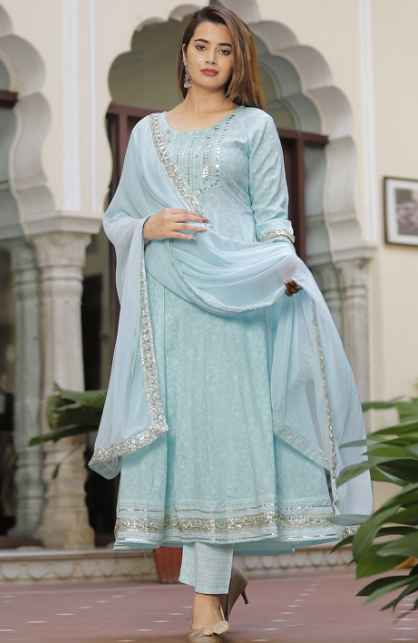 SINGNI Ethnic Motifs Printed Mirror Work Anarkali Kurta with Trousers & Dupatta