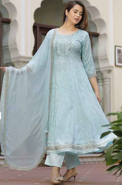 SINGNI Ethnic Motifs Printed Mirror Work Anarkali Kurta with Trousers & Dupatta