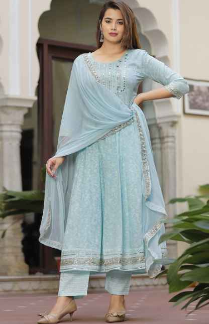 SINGNI Ethnic Motifs Printed Mirror Work Anarkali Kurta with Trousers & Dupatta