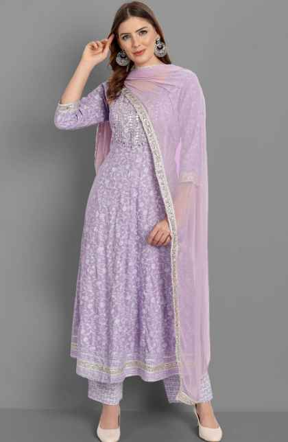 SINGNI Women Purple Ethnic Motifs Embroidered Mirror Work Kurta with Trousers & Dupatta