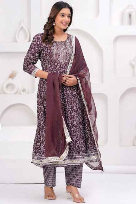 SINGNI Floral Printed Panelled Mirror Work A-Line Kurta With Trousers & Dupatta