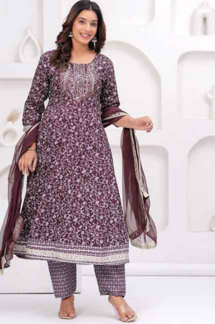 SINGNI Floral Printed Panelled Mirror Work A-Line Kurta With Trousers & Dupatta