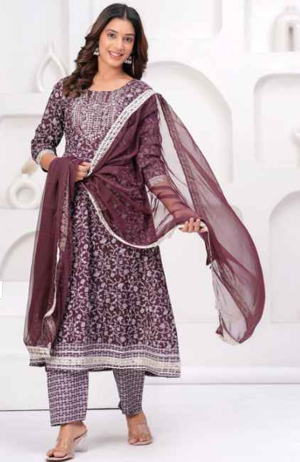 SINGNI Floral Printed Panelled Mirror Work A-Line Kurta With Trousers & Dupatta