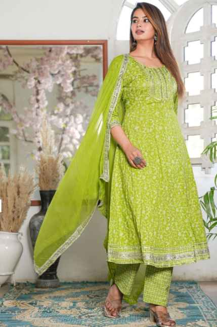 SINGNI Floral Printed Sequinned Anarkali Kurta with Trouser & Dupatta