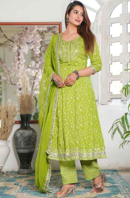 SINGNI Floral Printed Sequinned Anarkali Kurta with Trouser & Dupatta