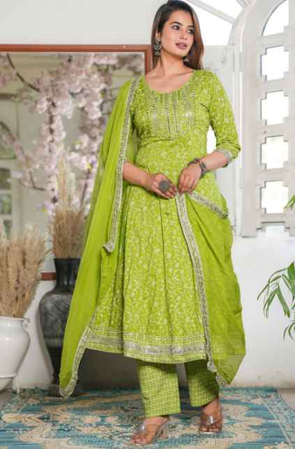 SINGNI Floral Printed Sequinned Anarkali Kurta with Trouser & Dupatta