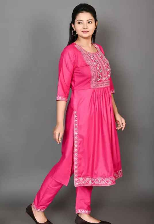 Trendy cotton embroidered nyra cut kurti with pant and without dupatta