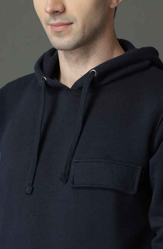 Roadster Men Navy Blue Solid Hooded Sweatshirt
