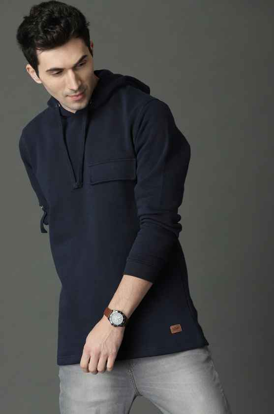 Roadster Men Navy Blue Solid Hooded Sweatshirt