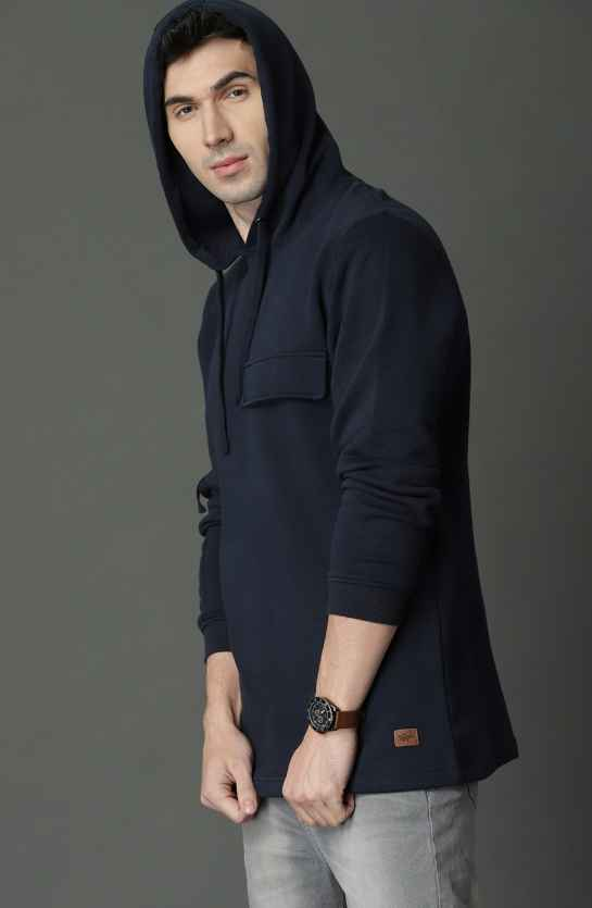 Roadster Men Navy Blue Solid Hooded Sweatshirt