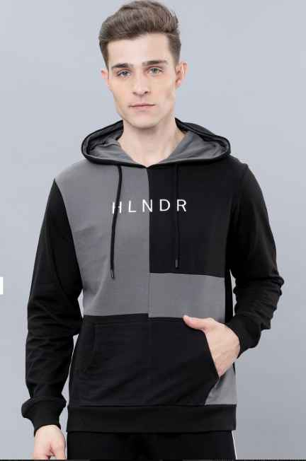 HIGHLANDER Men Black & Grey Colourblocked Hooded Sweatshirt