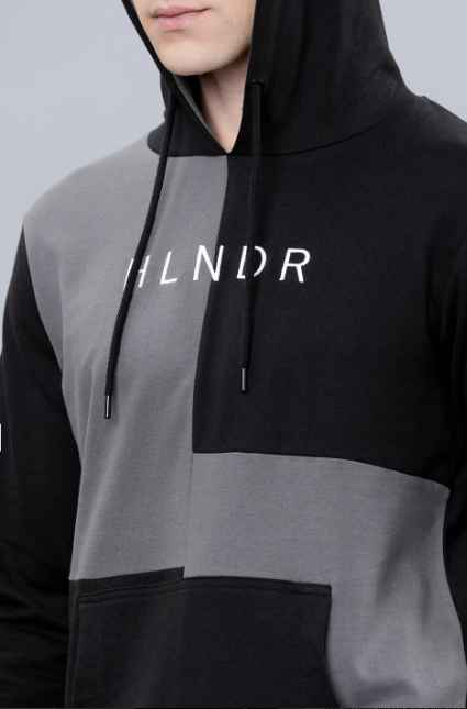 HIGHLANDER Men Black & Grey Colourblocked Hooded Sweatshirt
