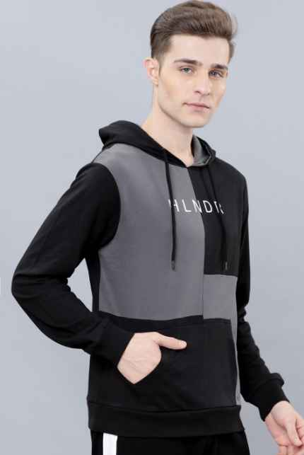 HIGHLANDER Men Black & Grey Colourblocked Hooded Sweatshirt