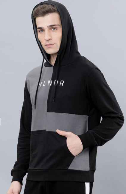 HIGHLANDER Men Black & Grey Colourblocked Hooded Sweatshirt