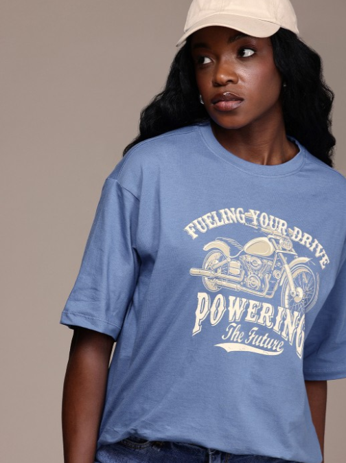 Cotton Typography Drop-Shoulder Sleeves Oversized T-shirt