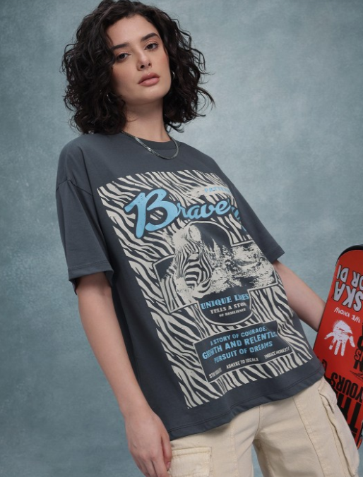 Roadster The Life Co. Printed Drop-Shoulder Sleeves Oversized T-shirt