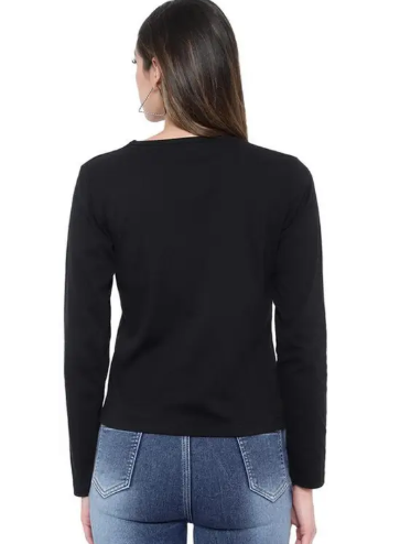 Women Solid V Neck Black T-Shirt