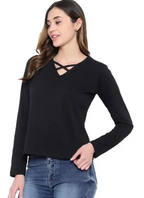 Women Solid V Neck Black T-Shirt