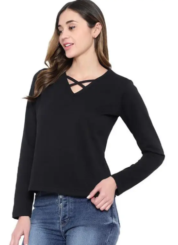 Women Solid V Neck Black T-Shirt
