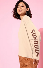Women Printed Round Neck Beige T-Shirt
