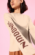 Women Printed Round Neck Beige T-Shirt
