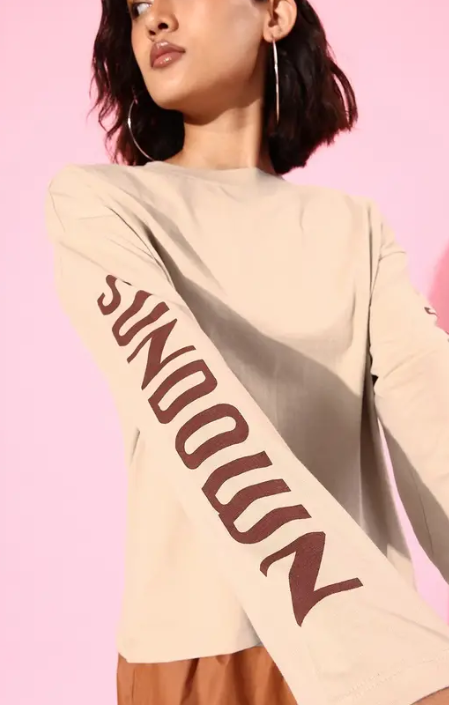 Women Printed Round Neck Beige T-Shirt