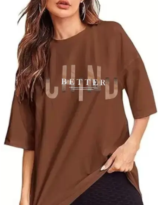 Women Printed Round Neck Brown T-Shirt