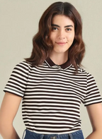 Women Striped Polo Neck Brown T-Shirt