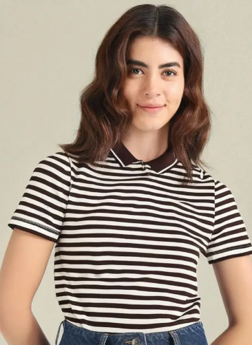 Women Striped Polo Neck Brown T-Shirt