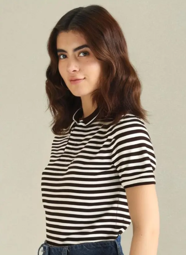 Women Striped Polo Neck Brown T-Shirt