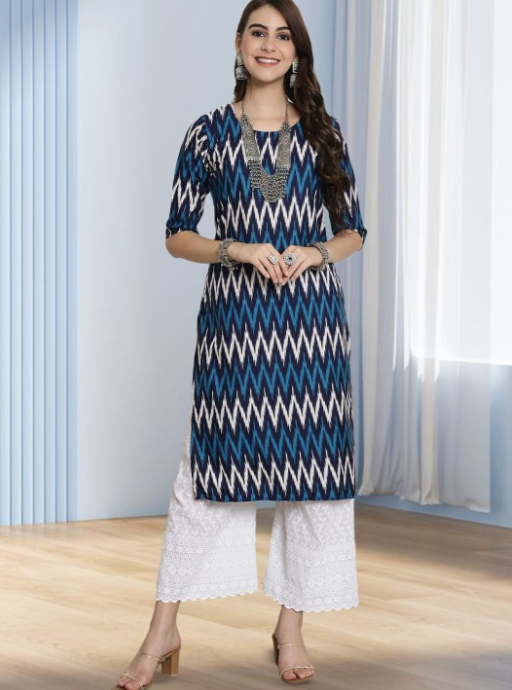 Chevron Printed Round Neck Straight Kurtas