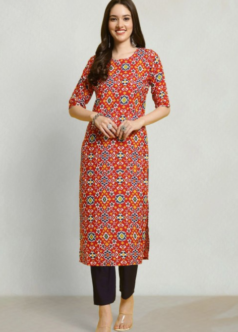 Ethnic Motifs Printed Round Neck Straight Kurta