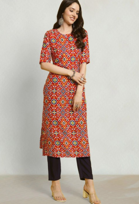 Ethnic Motifs Printed Round Neck Straight Kurta