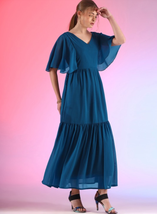 V Neck Flared Sleeve Maxi Dress