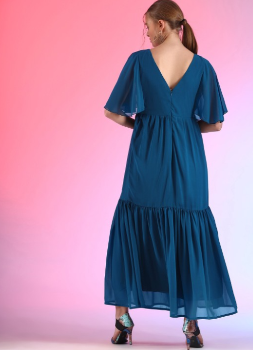 V Neck Flared Sleeve Maxi Dress