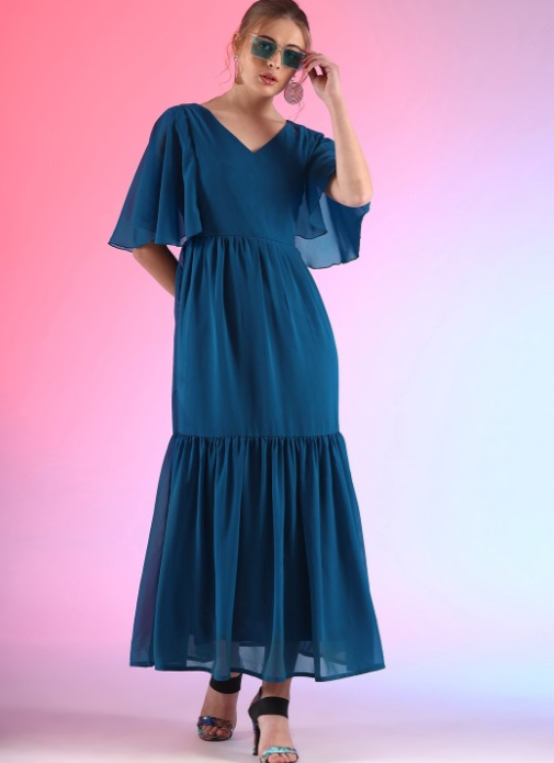 V Neck Flared Sleeve Maxi Dress