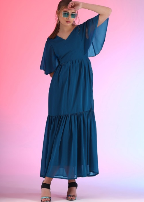 V Neck Flared Sleeve Maxi Dress