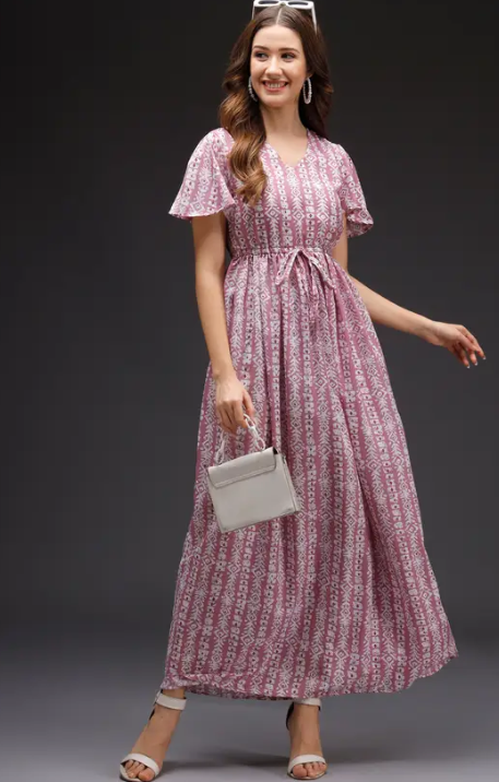 Women Maxi Pink, White Full Length Dress