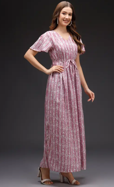 Women Maxi Pink, White Full Length Dress