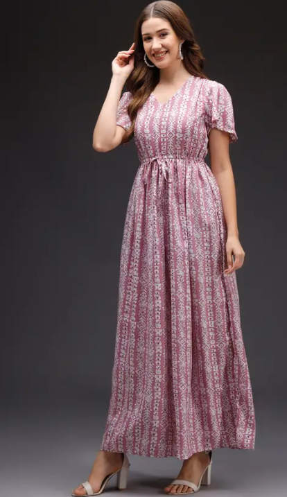 Women Maxi Pink, White Full Length Dress