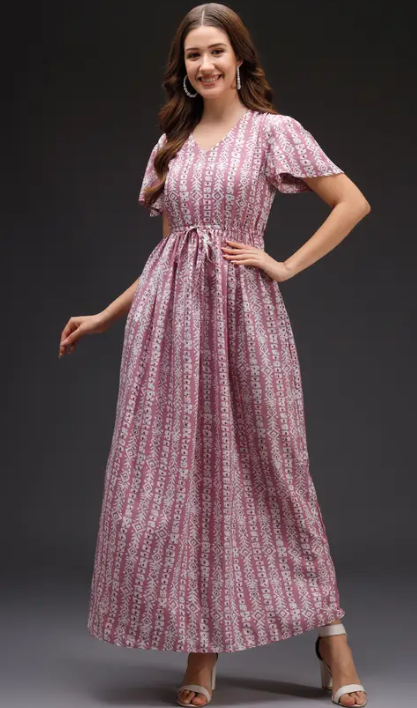 Women Maxi Pink, White Full Length Dress