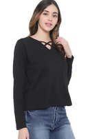 Women Solid V Neck Black T-Shirt