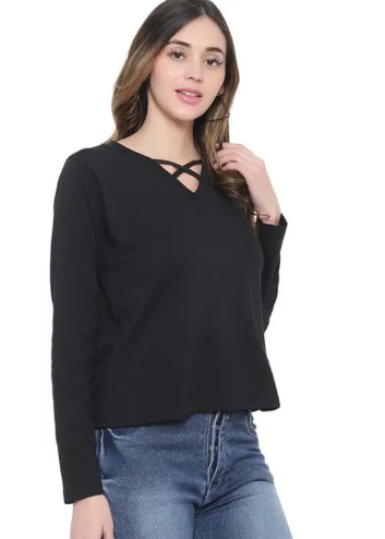 Women Solid V Neck Black T-Shirt