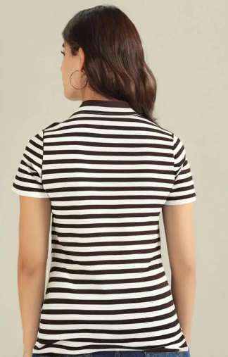 Women Striped Polo Neck Brown T-Shirt