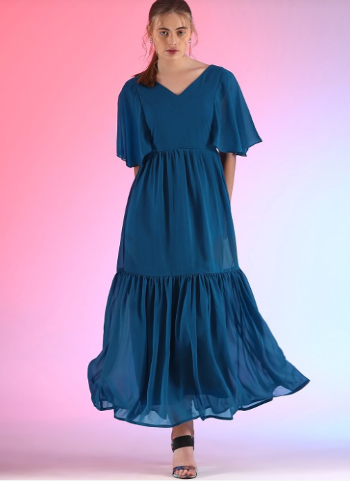V Neck Flared Sleeve Maxi Dress