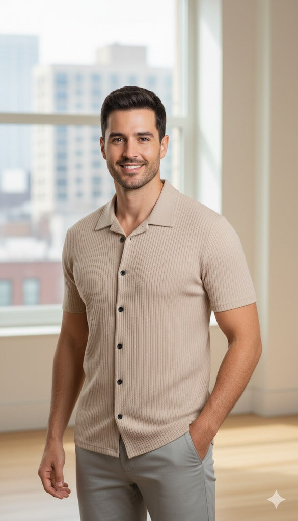 Men's Textured Popcorn Knit Shirt - Sandstone Beige
