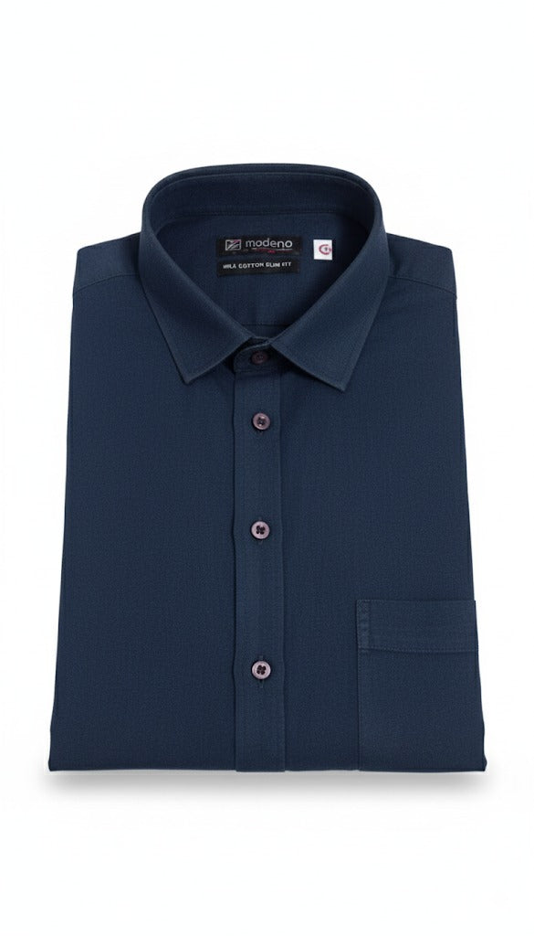 Men's Slim Fit Textured Cotton Shirt - Midnight Navy