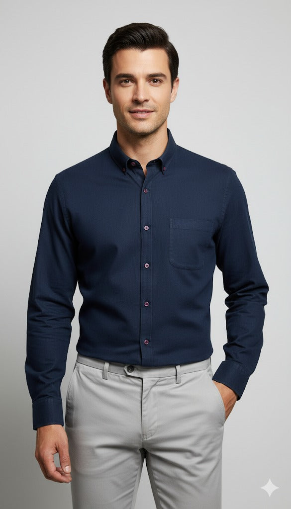 Men's Slim Fit Textured Cotton Shirt - Midnight Navy